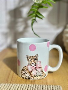 Caneca artesanal onça laço rosa