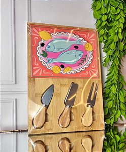 Jogo de facas p/ queijo e tábua cerâmica