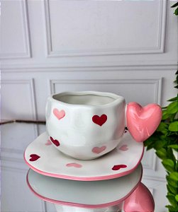 Xícara de cerâmica c/ pires rosa