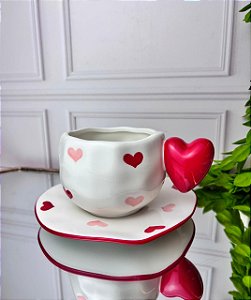 Xícara de cerâmica c/ pires vermelha