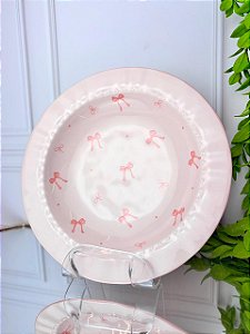 Prato de cerâmica laço fundo rosa