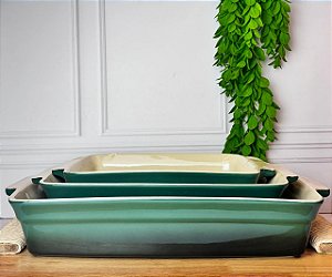 Conjunto travessa ret cerâmica verde