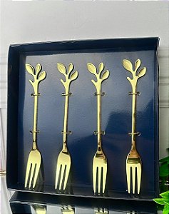 Conjunto 4 garfos aperitivos leaves dourado