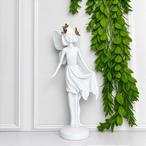 Escultura polirresina fada branco com dourado
