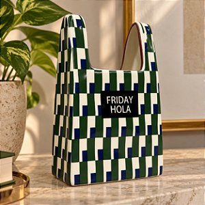 Vaso cerâmica bolsa xadrez azul e verde