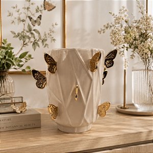 Vaso decorativo cerâmica bege c/ borboletas douradas