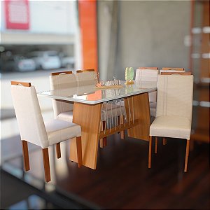 MESA DAMIANA DETALHES EM MADEIRA + TAMPO 1600X900 C VIDRO + 06 CADEIRAS LINHO AREIA K1