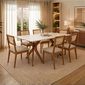 MESA CACAU 1,80 C/ VIDRO - MADEIRA/OFF WHITE + (03) JOGO 02 CADEIRAS ENCANTO ORNAE II - MADEIRA/LINHO BEGE