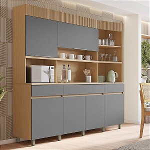 COZINHA 6 PORTAS 3 GAVETAS NESHER REALEZA 220CM 100% MDF - CARVALHO-TITANIO