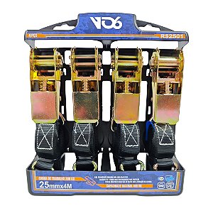 Kit com 4 Cintas com Catraca 25mm x 4m – Gancho Tipo J – 200kg