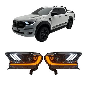 Farol Full LED Estilo Mustang para Ford Ranger 2016 a 2023 com DRL e Seta Sequencial