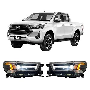 Farol Full LED Cromado Toyota Hilux 2021 a 2024 com DRL e Seta Sequencial