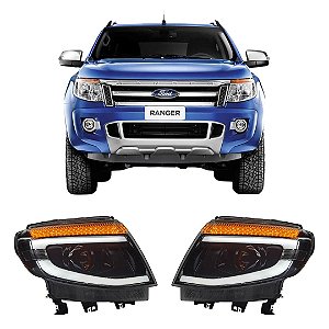 Par Faróis Full LED Com DRL e Seta Sequencial Para Ford Ranger 2013 a 2016