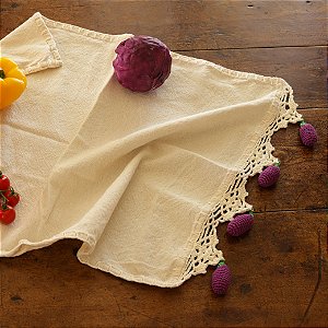 Pano de Copa com Barrado em Crochê e Apliques de Berinjela - Algodão, 40x60cm