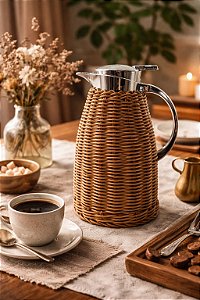 Garrafa Térmica 1,5L | Aço Inox com Detalhe Rattan Plástico Marrom