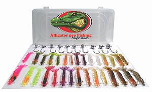 Camarão Artificial  Kit peva  com 41pç - 15 camarões 6 cm + 15 camarões 7 cm +10 jigs + estojo promoção