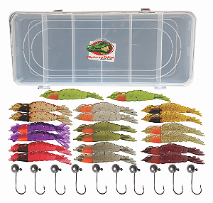 Camarão Artificial  Kit peva  com 31pç - 20 camarões  +10 jigs + estojo promoção