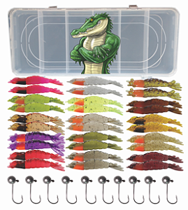 Camarão Artificial  flexa  com 41pç - 15 camarões 8 cm + 15 camarões 9cm +10 jigs + estojo promoção