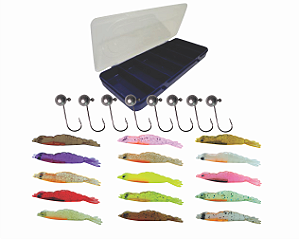 CAMARÕES ARTIFICIAIS 8 CM  KIT COM 24 PÇ - 15 CAMARÕES + 8 JIGS + 1 ESTOJO