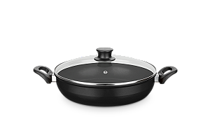 PAELLERA ANTIADERENTE COM TAMPA DE VIDRO PRETA 28CM