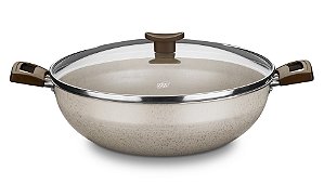 WOK AURA MTA COM TAMPA DE VIDRO BAUNILHA 28CM 4,3 LITROS