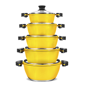 CONJUNTO DE PANELA ALUMINIO FUNDIDO GULÊ RETRO 5 PEÇAS - AMARELO