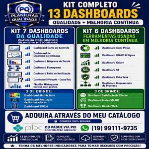 kit 7 Dashboards da Qualidade - planilha com gráfico (Planilha Histograma) & Kit 6 Dashboards Ferramentas Usada em Melhoria Contínua