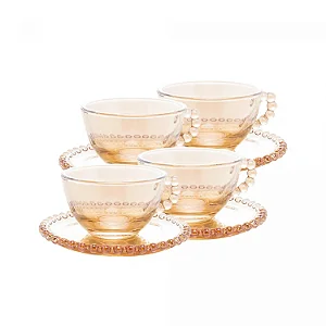 Conjunto de 4 Xícaras de Chá de Cristal com Pires Pearl Âmbar 180ml - Wolff
