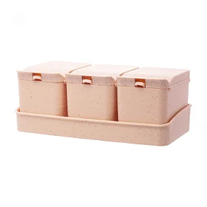 Conjunto de 3 Porta Temperos de Bambu e PP com Colher e Bandeja Lines Rosa - Lyor