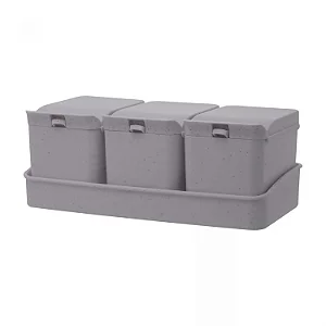Conjunto 3 Porta Temperos de Bambu e PP com Colher e Bandeja Lines Cinza - LYOR