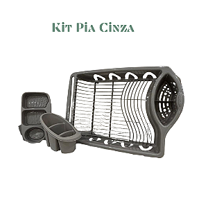 Kit Pia Cinza 3 Peças: Escorredor, Porta Talher e Porta Detergente