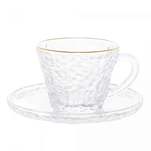 1 Xícara para Chá com Pires de Cristal Martelado com Pires e Fio de Ouro Petra 180ml - LYOR