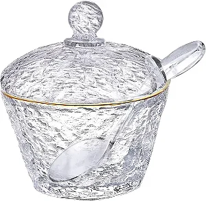 Açucareiro de Cristal com Colher e Tampa com Fio de Ouro Petra 10cm - LYOR