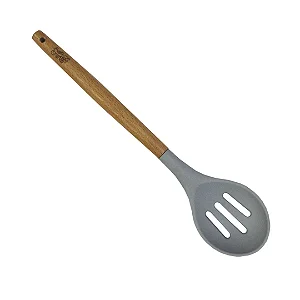 Escumadeira de Silicone com Cabo em Madeira Cinza 31,5cm - FRACALANZA (FULL FIT)