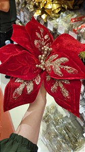 Flor Vermelha Veludo com Glitter 30 cm - Decoração Natalina