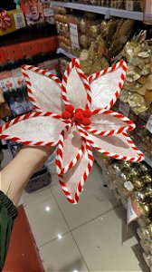 Flor Branca com Borda Listrada no Vermelho - 28 cm