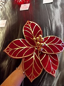 Flor Vermelha com Dourado 19 CM Natalina