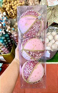 Kit Bola Veluda Decorada 3 Peças Rosa - 10cm