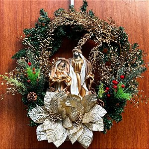 Guirlanda Natal Sagrada Família Dourada 60cm