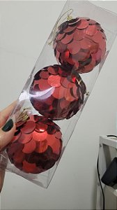 Kit 3 Bolas Vermelhas Lantejoulas 8cm Natal