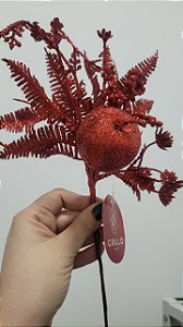 Galho Decorativo com Folhas e Maçã Glitter Vermelho 32cm