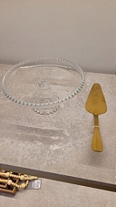 Kit Prato de Bolo com Pé e Espátula Dourada