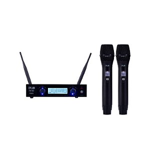 MICROFONE SEM FIO DYLAN DW-902 POWER 2 BASTÕES DE MÃO UHF RECARREGAVEL