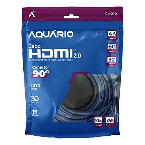 CABO HDMI 10M 90 GRAUS 2.0-4K-60HZ - PONTA BANHADA A OURO AQUÁRIO 4K910