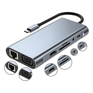 HUB RISE MODE 06 PRO USB-C 3.0, 11 EM 1, PARA HDMI, VGA, CARTÃO SD, ETHERNET, ÁUDIO, 3X USB 2.0, 1X USB 3.0, CINZA - RM-