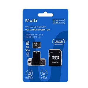 CARTAO DE MEMORIA MICRO SD 128GB 4K V30 MULTILASER CLASSE 10 COM ADAPTADOR V8 E USB MC153