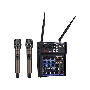 MESA DE SOM ANALOGICA LELONG 4 CANAIS LE-713 ACOMPANHA 2 MICROFONES SEM FIO BASTÃO DE MÃO