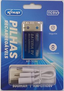 BATERIA RECARREGAVEL 9V KNUP 500MAH + CABO TIPO C