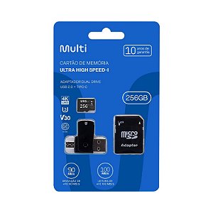 CARTAO DE MEMORIA MICRO SD MULTI 256GB 4K V30 CLASSE 10 COM ADAPTADOR TIPO C E USB MC154