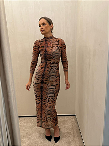 Vestido Longo Tule Tigre Com Combinação